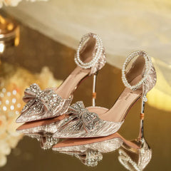 PointedLuxury Rhinestone Bowknot Pearl Buckle Silver High Heel S
