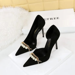 Pearl Chain Black Side Hollow High Heels