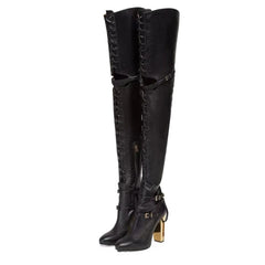 Strappy Hollow Buckle Decoration Black Over Knee Boots 1