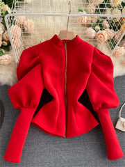 Sexy Long Puff Sleeve Ruched Slim Cotton Shirt