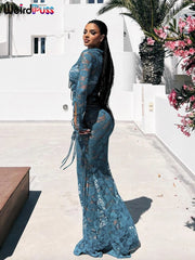Lace Sheer Women 2Piece Set Bandage Ruffles Cardigan+Mermaid Skirt Set