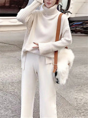 2 Piece Knitted Turtleneck Sweater and Wide Leg Jogging Pant Pullover Set