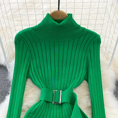 Hot Turtleneck Sexy Wrap Hips Knitted Long Sleeve Dress