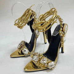 Sexy Ankle Strap Gold Sandals Crystal Pointed Toe Wedding Shoe