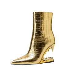 Gold Silver Tiger Teeth Heel Short Pointed Boots