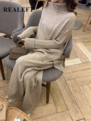 2 Piece Knitted Turtleneck Sweater and Wide Leg Jogging Pant Pullover Set