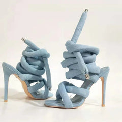 Grey/Silvery Feet Ring Winding Tape Sandals Square Toe High Heels