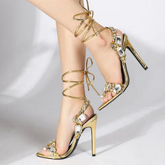 Sexy Ankle Strap Gold Sandals Crystal Pointed Toe Wedding Shoe