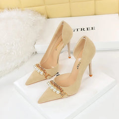 Pearl Chain Black Side Hollow High Heels