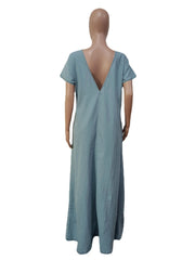 Batwing Short Sleeve Denim V-back Loose Slim Maxi Long Dress