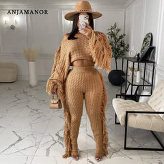 Tassel Knitted Sweater Sexy Two Piece Set