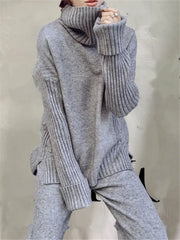 2 Piece Knitted Turtleneck Sweater and Wide Leg Jogging Pant Pullover Set