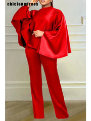 Satin Two Piece Solid Loose Batwing Sleeves Top & Wide Leg Pants Set