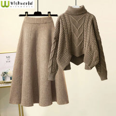 Loose Fit Plush High Neck Knit Shirt & Half Skirt Two Piece Set