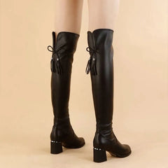 Leather Elastic Thick Heel Slip On Over The Knee Boots