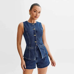 Sexy Denim Hollow Out Sleeveless Turndown Collar Side Split Long Dress