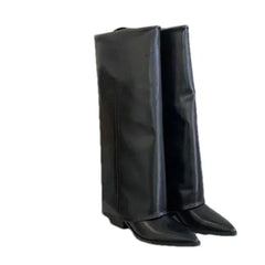 Chunky Leather Knee High Pointy Boots