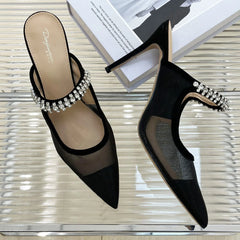 Black Pointed Toe Mesh Upper Mules High Heels 6cm 8cm 10cm