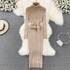 Hot Turtleneck Sexy Wrap Hips Knitted Long Sleeve Dress