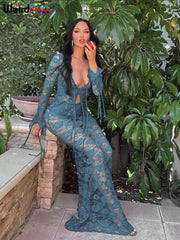 Lace Sheer Women 2Piece Set Bandage Ruffles Cardigan+Mermaid Skirt Set