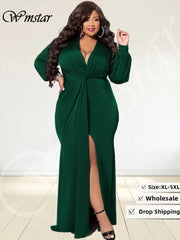 V Neck Long Sleeve Slip Hem Bodycon Stretch Elegant Maxi Dress