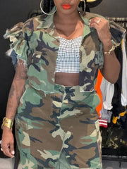Turn-down Collar Butterfly Sleeve Single Breasted Camouflage Print Short Jacket