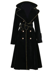 Long Black Double Breasted Trench Coat for Women with Gold Trim Sashes