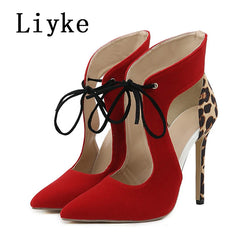 Sexy Red Pointed Toe Lace Up High Heels