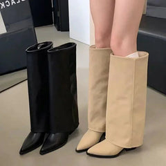 Chunky Leather Knee High Pointy Boots