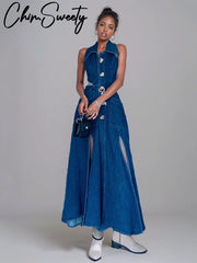 Sexy Denim Hollow Out Sleeveless Turndown Collar Side Split Long Dress