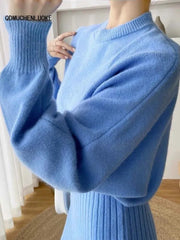 Two Piece Solid Color Sweater Long Sleeved O-neck Set