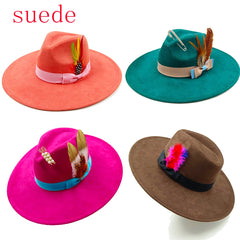 Suede Fedora Heart Top 9.5cm Brim Feather Wide Brim Hat