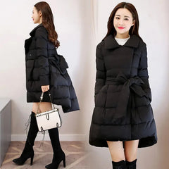 Long Padded Cotton High Low Parka With Belt