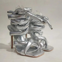 Grey/Silvery Feet Ring Winding Tape Sandals Square Toe High Heels