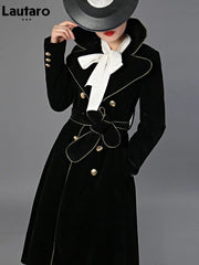Long Black Double Breasted Trench Coat for Women with Gold Trim Sashes