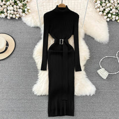 Hot Turtleneck Sexy Wrap Hips Knitted Long Sleeve Dress