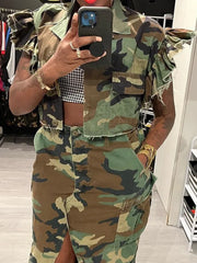 Turn-down Collar Butterfly Sleeve Single Breasted Camouflage Print Short Jacket