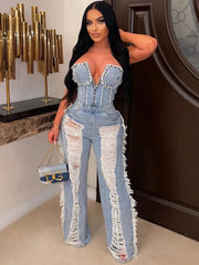 Tassel Hollow Out Overalls Studded Diamond Strapless Backless Jumpsuit