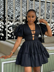A-line Dress Puff Sleeves Above Knee Length Sexy Black Ruffle Dress