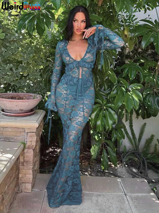 Lace Sheer Women 2Piece Set Bandage Ruffles Cardigan+Mermaid Skirt Set