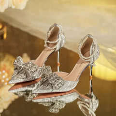 PointedLuxury Rhinestone Bowknot Pearl Buckle Silver High Heel S