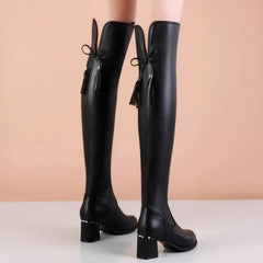 Leather Elastic Thick Heel Slip On Over The Knee Boots