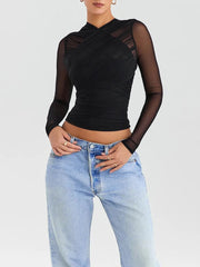 Sheer Mesh Long Sleeve Sexy V Neck Zipper Layered Skinny Top