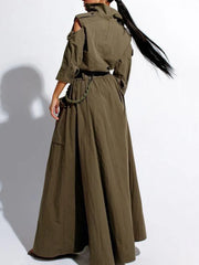Retro Turn-down Collar Cold Shoulder Half Sleeve w/Belt, Pockets , Split High Waist Maxi Dress