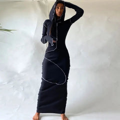 Long Sleeve Streetwear Bodycon Black Long Dress