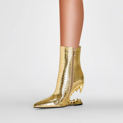 Gold Silver Tiger Teeth Heel Short Pointed Boots