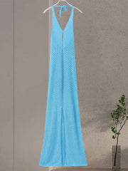 Party Knitted V-neck Hollow Out Long Solid Sleeveless Backless Split Bodycon Dress