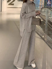 Knitted Sweater Solid Turtleneck Sweater + Loose Pants Set
