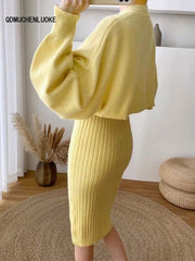 Two Piece Solid Color Sweater Long Sleeved O-neck Set