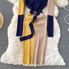 Color Patchwork Long Sleeve Knitted Sweater Dress with Belt